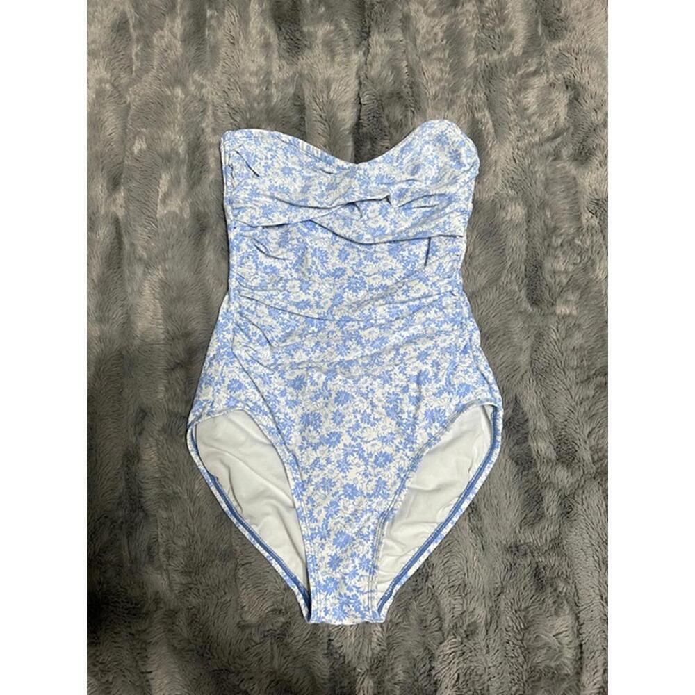 Kona Sol Blue Floral Strapless One-Piece Swimsuit - Size Small